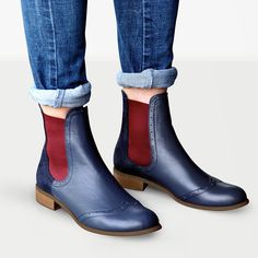 High Quality Leather; upper & lining Man-made sole 2.5 cm / 1.0" heel height 14 cm / 5.5" shaft height Handcrafted in Europe Materials: These Chelsea boots in dark blue shades with contrasting red elastics will make a great addition to your wardrobe. For a dash of originality, the rounded-toe pair is adorned with suede leather at the heel and brogue details. Leathers: Navy Blue Soft, Dark Blue Velvet Elastic: Burgundy Decorations: Brogues Sole: Beige #1685 CUSTOMIZEBANNER9987925889_ Burgundy Decorations, Blue Chelsea Boots, Dark Blue Velvet, Custom Made Shoes, Blue Soft, Custom Shoes, Blue Velvet, High Quality Leather, Women Empowerment