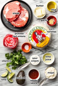 ingredients to make mexican meatballs laid out on a marble counter top with text overlay