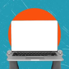 a person holding up a laptop with a blank screen on their lap top in front of an orange and blue background