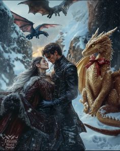 a man and woman standing next to each other in the snow with dragon wings flying above them