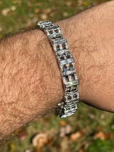 "Men's 11.5mm wide customized baguette diamond** bracelet Truly unique one of a kind design! Available in 7\" or 8.5\" Secure interlocking clasp Heavy 38 grams (8.5\" weight) 14.2ct simulated baguette diamonds (5A cz provides an amazingly super iced out shine Solid 925 silver Never fades or tarnishes Ships Fast!" Silver Diamond Bracelet With Baguette Diamonds, 10k Gold Chain, Red Stone Ring, Colored Engagement Rings, Baguette Diamonds, Wide Bracelet, Man Made Diamonds, Gold Bracelet Chain, Turquoise Rings