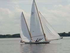 a sailboat with white sails is in the water