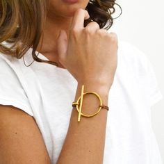 -B0123ORC $165 -Hypo Allergenic- Nickel Free -Lobster Claw closure -Gold Plated over Brass -Handmade in Madrid Spain Leather Chain Bracelet, Nail Bangle, Bar Bracelet, Leather Detail, Bar Bracelets, Madrid Spain, Gold Plated Earrings, Gold Leather, Leather Chain