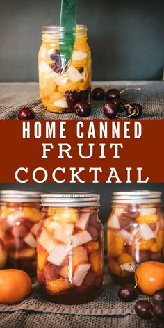 homemade canned fruit cocktail in jars with cherries and oranges on the table next to them