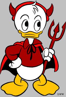 a cartoon duck with devil horns holding a pitchfork