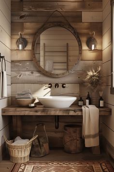 a rustic bathroom with wood paneling and a round mirror above the sink on the wall