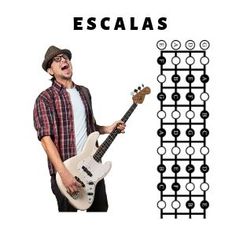 a man holding a white guitar next to a black and white poster with the words escalas on it