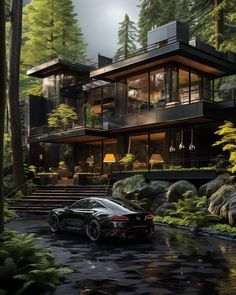 a black sports car parked in front of a large house surrounded by trees and bushes