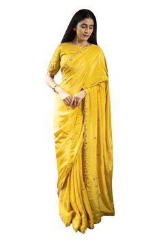 Yellow saree with zardozi embroidered floral motifs, embellished by sequins. Comes with matching blouse and petticoat. - Aza Fashions Yellow Saree, Embroidered Saree, Set Women, Floral Motifs, Sarees Online, Set For Women, Petticoat, Aza Fashion, Floral Motif