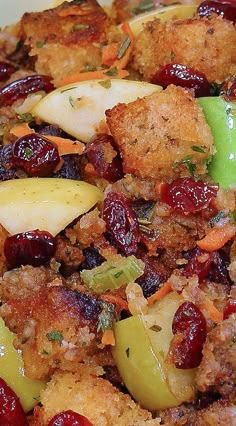 a close up of food with cranberries, apples and stuffing on a plate