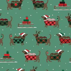 a green christmas pattern with dogs wearing sweaters and hats on sleighs