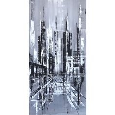 black and white painting of cityscape with skyscrapers