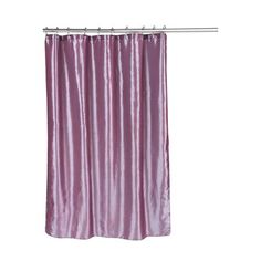 a pink shower curtain hanging on a metal rod