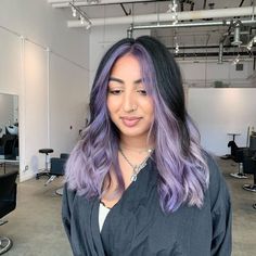 ━ 𝐡𝐚𝐳𝐞𝐥 ☻ Purple Money Piece And Underneath, Unique Undercut Designs For Women, Split Dyed Hair Underneath Purple, Black And Purple Color Block Hair, Lavender Color Block Hair, Dipped Tips Hair, Lavender Split Dye, Lilac And Black Hair, Black Hair With Purple Money Piece