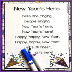 a new year's card with a pen on it and the words, new years here