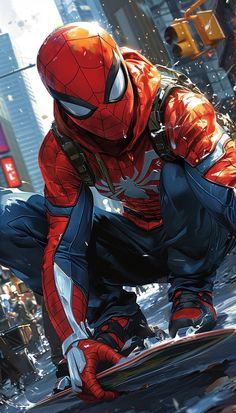 spider - man crouching down on his skateboard in the city