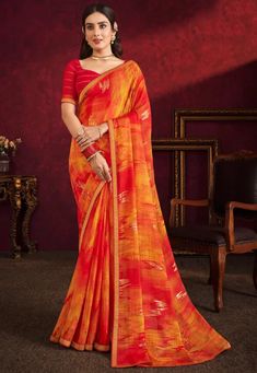 Digital Printed Georgette Saree in Orange and Red Foil Print Fabric, Dress Saree, Orange Saree, Back Neck Designs, Drape Saree, Red Saree, Georgette Saree