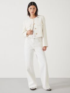 The perfect way to smarten up your outfits, this jacket from HUSH comes cropped for a contemporary profile.  Made from a cotton blended boucle in a textured check print, it's finished with gold-toned button detailing.    Due to the characteristic of this material pilling or snagging may occur over time. White Boucle Blazer Outfit, White Boucle Jacket Outfit, White Cropped Jacket Outfit, Boucle Outfit, Raceday Outfits, Boucle Jacket Outfit, Cropped Jacket Outfit, White Cropped Jacket, Cropped Trench Coat