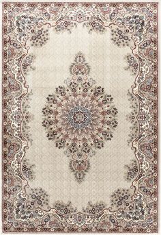 a rug with an ornate design on the center and sides, in beige tones that are hand - knotted together