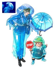 a person holding an umbrella next to a drawing of a man in raincoats