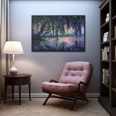 a living room with a chair, lamp and painting on the wall in it's corner