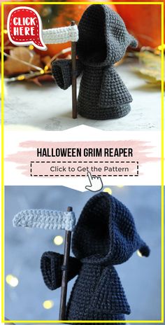 a crocheted amigurt is shown with the caption halloween grim reader click to get the pattern