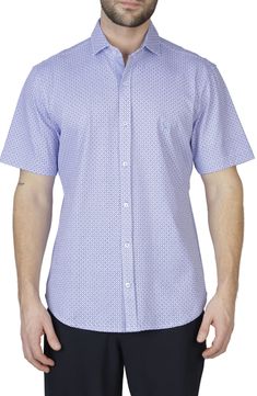 A button-up shirt crafted from breathable cotton keeps you feeling and looking cool on days where bold geometric print adds extra style points. Spread collar Short sleeves Front button placket 100% cotton Machine wash, tumble dry Imported Spring Patterned Short Sleeve Cotton Shirt, Lightweight Shorts, Knit Short, Sport Shirt, Knit Shorts, Knit Shirt, Short Sleeve Button, Sports Shirts, Button Placket