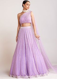 Lilac Net Lehenga With One Shoulder Blouse Set Vvani By Vani Vats - Fabilicious Fashion Sweetheart Blouse, Vani Vats, Full Sleeve Blouse, Net Blouses, Net Lehenga, Backless Blouse, Indian Fashion Designers, New Fashion Trends, Indian Design