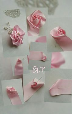 several pictures of different types of pink fabric flowers and pins on white paper with the words gap written below them