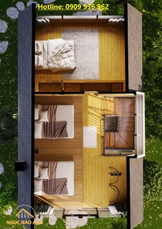 an overhead view of a tiny house with two beds