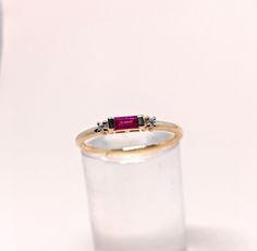 Natural Fine Ruby Diamond Gold Ring. Baguette Stone Ring. Precious Gemstone Ring in 14k SOLID GOLD For Her from our Capsule Jewelry Collection. Ruby Baguette and Diamond Gemstones are set in Half Bezel and Prong Setting in our Factory. Gold Ring AA+ Quality. Perfect Gift For Everyday or July Birthstone Gift for Your Loved Ones. ►  DIMENSIONS : ◆ Gemstone     :  Ruby 0.30 Cts                            :  Diamond 0.03 Cts ◆ Stone size     :  4*2 mm Ruby Baguette Cut Rings With Gemstone Accents As A Gift, Ruby Ring With Baguette Diamonds For Gift, Ruby Jewelry With Baguette Diamonds As Gift, Red Baguette Diamond Rings As Gift, Capsule Jewelry, Ruby Diamond Ring, Ring Baguette, Half Bezel, Ruby Diamond Rings