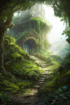 an image of a forest scene with stairs leading to a cave in the middle of it