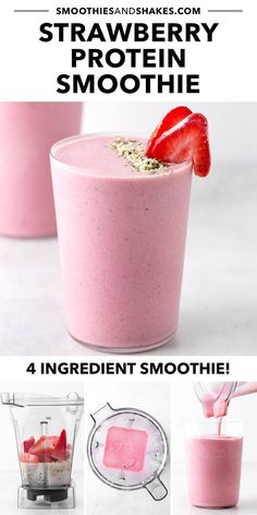 strawberry protein smoothie in a blender with strawberries on top and the ingredients to make it