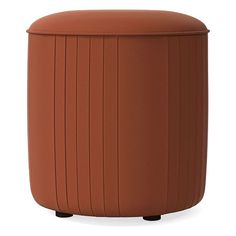 an orange plastic stool sitting on top of a white floor next to a brown ottoman