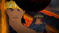 an animated image of a man in the rain with a hat on his head and another man behind him