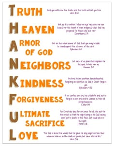 an orange and white poster with the words truth heaven, armor of god, neighbor's kindness, forgingness, ultimate love