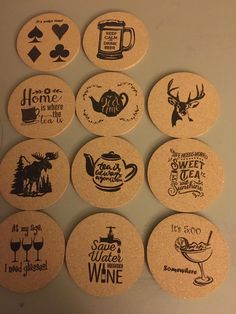 six coasters with different types of wine related items on them, all printed in black and white