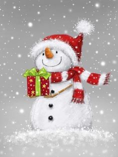 a snowman wearing a santa hat and scarf holding a present