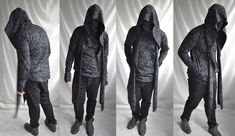 "This the evolution of the Dark Top and the AvantGarde top that I made both on the same day in 2013. Details: -the hood has angled end and attached only around the back of the neckline -the hood is stitched on just a few inches behind the neck -the hood's hanging ends can be can be used similarly as a scarf -it has a a long mask which is pretty much a double layer neck -not all fabric edges hemmed, this type of fabric won't curl, but the edges can get slightly tattered -the pocket is chevron sha Fitted Alternative Long Sleeve Hoodie, Fitted Long Sleeve Alternative Style Hoodie, Dragon Hoodie, Performance Stage, Mens Top, Stage Outfit, Shirt Sweater, Post Apocalyptic, Stage Outfits