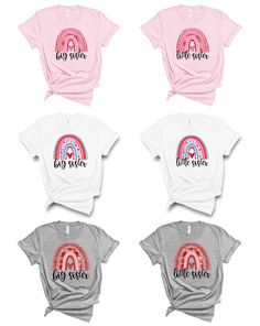 four t - shirts with different designs on them, including one in pink and the other in