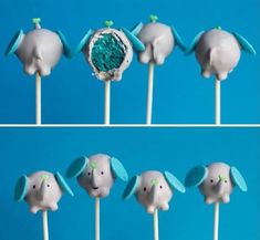 four different pictures of elephant lollipops with blue frosting and green decorations