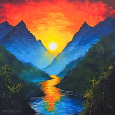 a painting of mountains and water with the sun setting in the sky over them,