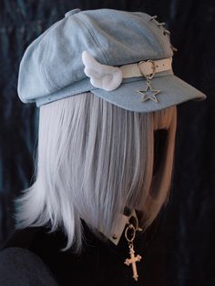 Elevate your accessory game with our handmade heart buckle and wings light blue denim hat. This adorable hat features a unique handmade heart buckle and wings, adding a touch of whimsy to your look. The light blue denim gives it a fresh and casual vibe, perfect for everyday wear. Complete with a star charm and pins for added flair, this hat is a statement piece that will surely turn heads.   Please note that this product includes only the hat. Cute Cheap Blue Hats, Blue Hat Aesthetic, Adjustable Themed Blue Hat, Unique Adjustable Blue Hat, Whimsical Blue Hat, Y2k Hat, Steampunk Fashion Female, Chain Heart, Steampunk Fashion Male