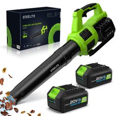 a green and black cordless blow dryer next to two batteries