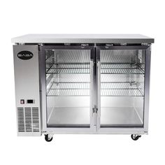 two glass door refrigerators sitting side by side on casteors with wheels and doors open