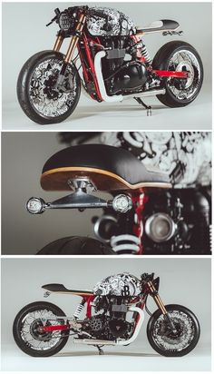 two pictures of a motorcycle with different parts on the front and back, side by side