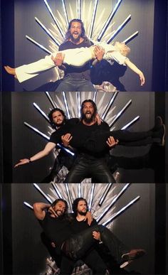 three different images of the same man in front of a large screen with his arms spread out