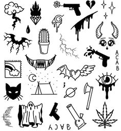 various tattoo designs and symbols on a white background