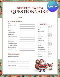 the secret santa questionnaire is shown in this christmas themed printable activity sheet for kids