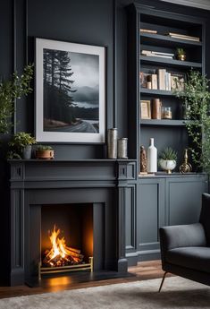 a living room filled with furniture and a fire place in the middle of the room